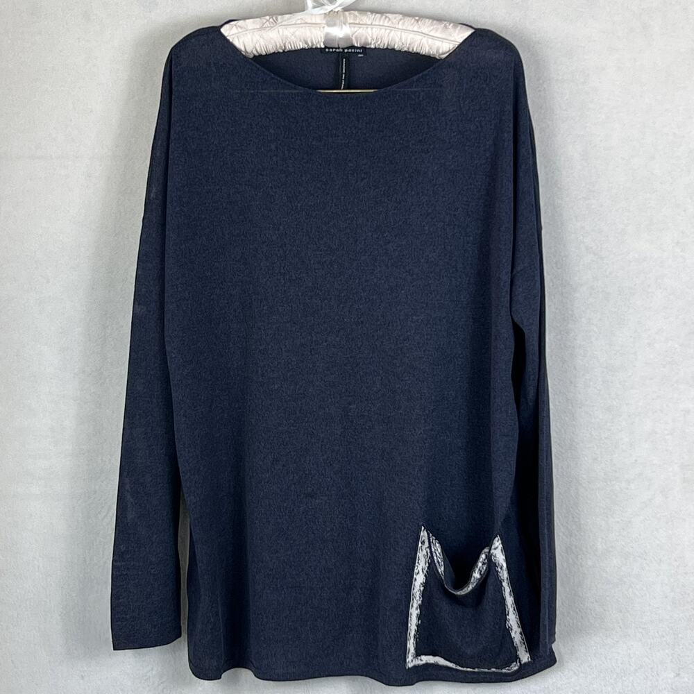 Sarah Pacini Sweater Top Womens OS Blue Tight-Knit Long Sleeve Lagen Mako Cotton
